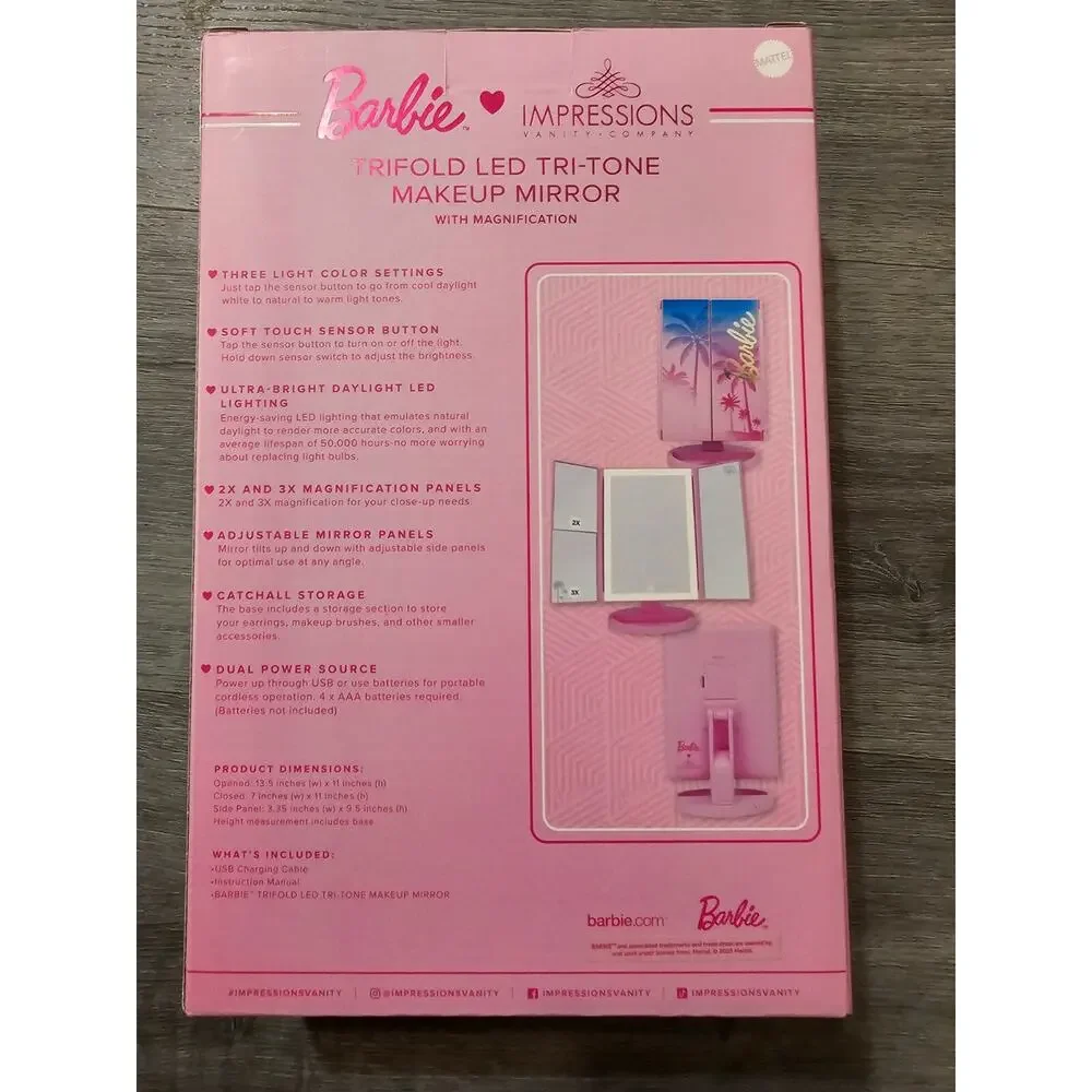 NWT Impressions Vanity Barbie LED Trifold Makeup Mirror with Magnification 3 Way